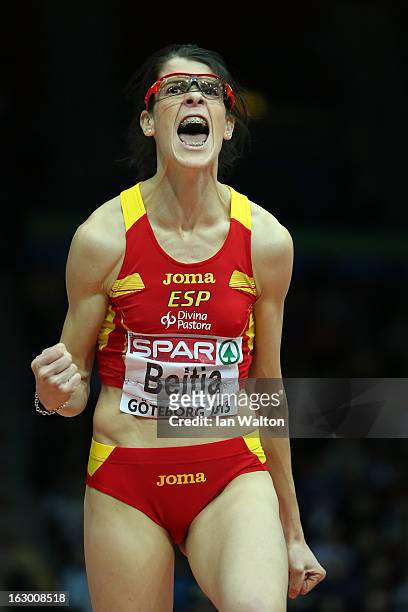 Ruth Beitia of Spain wins gold in the Women's High Jump Final during day three of European Indoor Athletics at Scandinavium on March 3, 2013 in...