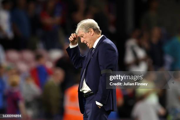 Roy Hodgson, Manager of Crystal Palace, reacts after his team's defeat in the Premier League match between Crystal Palace and Arsenal FC at Selhurst...