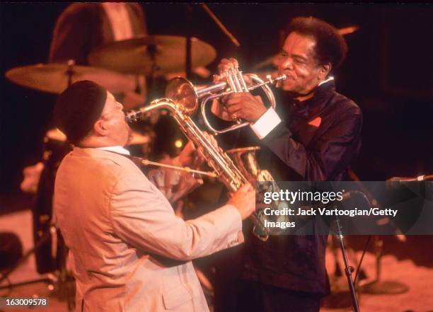 American jazz musicians Jackie McLean on alto saxophone and Donald Byrd on fluegelhorn perform at the JVC Jazz Festival's 'The Incredible School of...