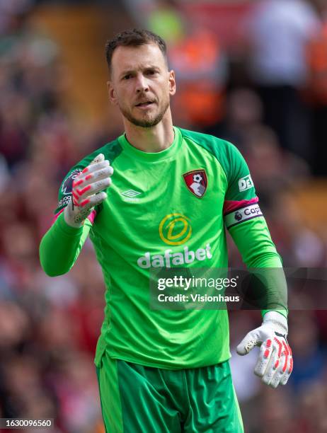 Bournemouth goalkeeper Neto during the Premier League match between Liverpool FC and AFC Bournemouth at Anfield on August 19, 2023 in Liverpool,...