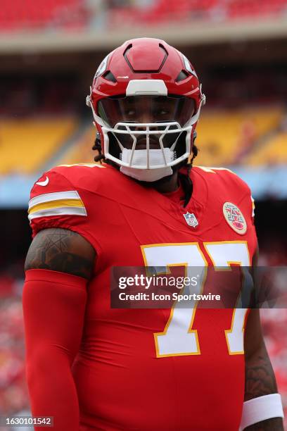 Kansas City Chiefs offensive tackle Lucas Niang before an NFL preseason game between the Cleveland Browns and Kansas City Chiefs on Aug 26, 2023 at...