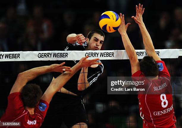 Bobby Kooy of Moers hits the ball during the DVV Cup Final match between Moerser SC and Generali Haching at Gerry Weber Stadion on March 3, 2013 in...