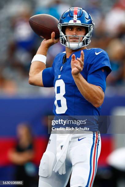 Daniel Jones of the New York Giants during warm ups before a pre-season football game against the Carolina Panthers at MetLife Stadium on August 18,...