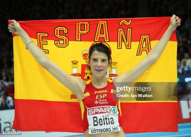 Ruth Beitia of Spain wins gold in the Women's High Jump Final during day three of European Indoor Athletics at Scandinavium on March 3, 2013 in...