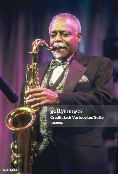 Award-recipient, American jazz tenor saxophonist David 'Fathead' Newman on stage at the Rhythm & Blues Foundation's 9th Annual Pioneer Awards...