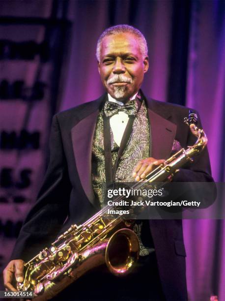 Award-recipient, American jazz tenor saxophonist David 'Fathead' Newman on stage at the Rhythm & Blues Foundation's 9th Annual Pioneer Awards...