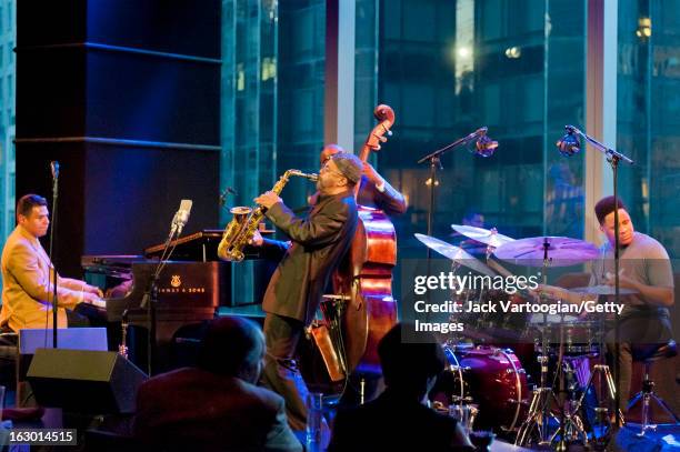 American jazz musician Kenny Garrett, on alto saxophone, leads his quartet at Dizzy's Club Coca-Cola, Jazz at Lincoln Center, New York, New York,...