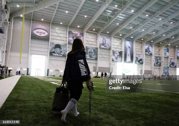 Lauren Silberman walks onto the field for warmups before she participates in NFL Regional Scouting Combine on March 3, 2013 at the Atlantic Health...