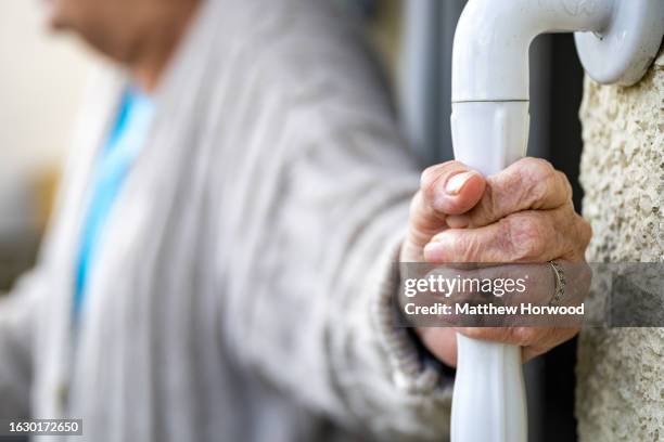 Close-up of the hands of an elderly person on March 18, 2022 in Cardiff, Wales.