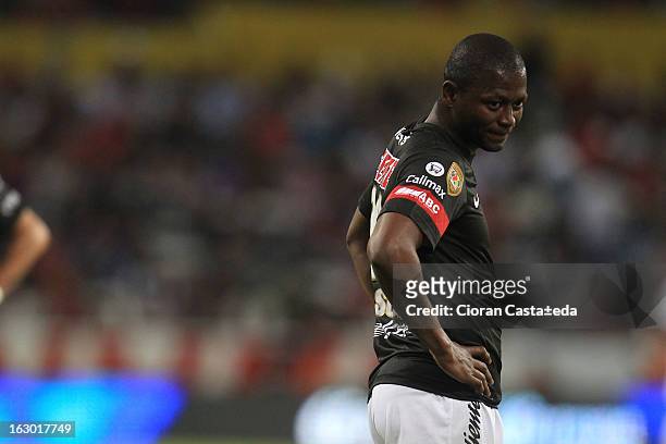 Duvier Riascos of Tijuana looks on during a match between Atlas and Tijuana as part of the Clausura 2013 - Liga MX at Jalisco Stadium on March 03,...