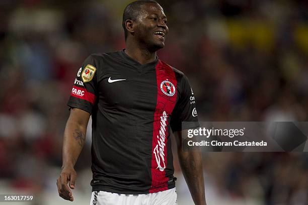 Duvier Riascos of Tijuana smiles during a match between Atlas and Tijuana as part of the Clausura 2013 - Liga MX at Jalisco Stadium on March 03, 2013...