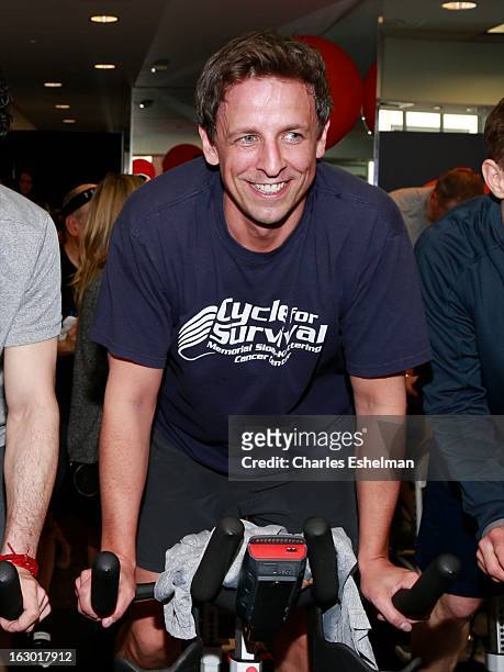 Comedian Seth Meyers spins in the 2013 Cycle For Survival Benefit at Equinox Rock Center on March 3, 2013 in New York City.