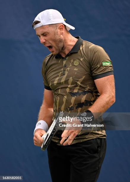 Illya Marchenko of Ukraine reacts during his match against Ricky Hijikata of Australia during Day Two of the Winston-Salem Open at Wake Forest Tennis...
