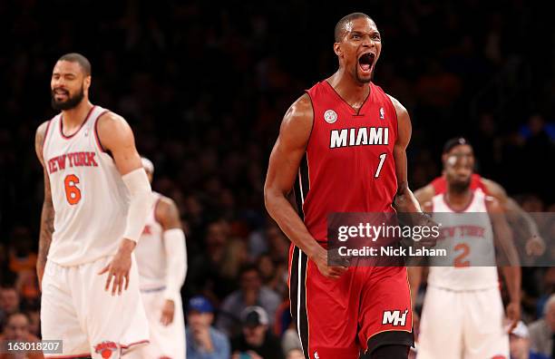 Chris Bosh of the Miami Heat celebrates hitting a fourth quarter shot against the New York Knicks at Madison Square Garden on March 3, 2013 in New...