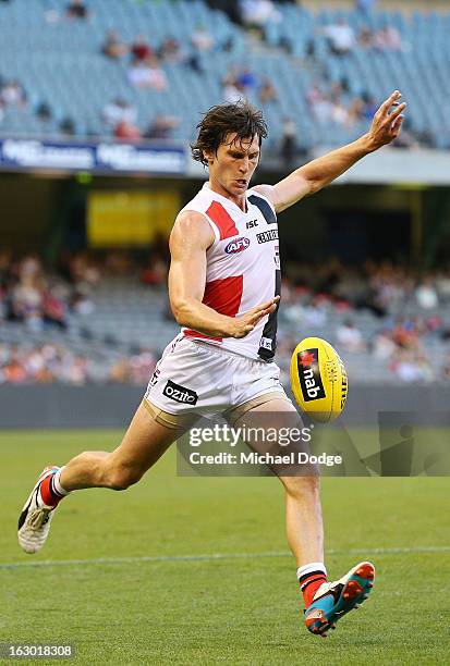 Farren Ray of the St.Kilda Saints kicks the ball during the round two AFL NAB Cup match between the St Kilda Saints and the Sydney Swans at Etihad...