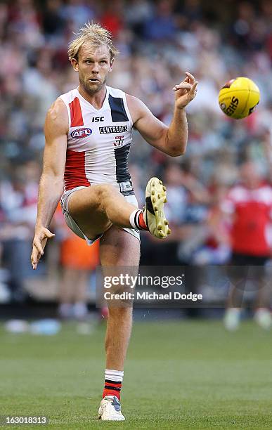 Beau Maister of the St.Kilda Saints kicks the ball during the round two AFL NAB Cup match between the St Kilda Saints and the Sydney Swans at Etihad...