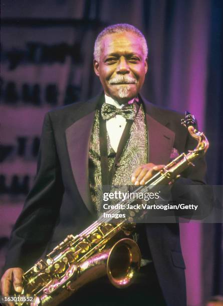 Award-recipient, American jazz tenor saxophonist David 'Fathead' Newman on stage at the Rhythm & Blues Foundation's 9th Annual Pioneer Awards...