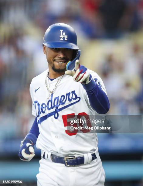 Mookie Betts of the Los Angeles Dodgers celebrates his home run in the first inning against the Miami Marlins at Dodger Stadium on August 18, 2023 in...
