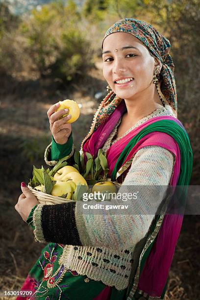 people of himachal pradesh: beautiful woman with golden apples - himachal pradesh apple stock pictures, royalty-free photos & images