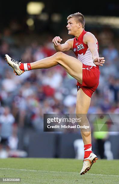 Brendon Jack of the Sydney Swans kicks the ball during the round two AFL NAB Cup match between the St Kilda Saints and the Sydney Swans at Etihad...