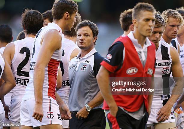 St Kilda Saints coach Scott Watters looks ahead during the round two AFL NAB Cup match between the St Kilda Saints and the Sydney Swans at Etihad...