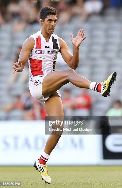 Terry Milera of the St.Kilda Saints kicks the ball during the round two AFL NAB Cup match between the St Kilda Saints and the Sydney Swans at Etihad...