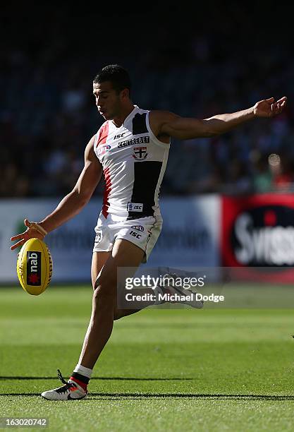 Ahmed Saad of the St.Kilda Saints kicks the ball during the round two AFL NAB Cup match between the St Kilda Saints and the Sydney Swans at Etihad...