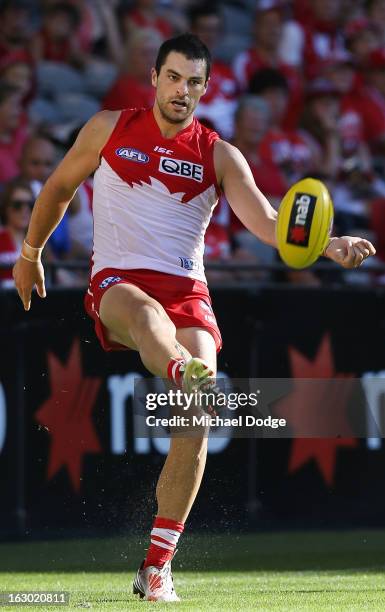 Heath Grundy of the Sydney Swans kicks the ball during the round two AFL NAB Cup match between the St Kilda Saints and the Sydney Swans at Etihad...