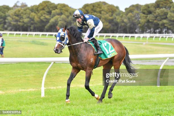 Sunsets ridden by John Allen returns to the mounting yard after winning the Pacific Fuel Solutions Maiden Plate at Donald Racecourse on August 29,...