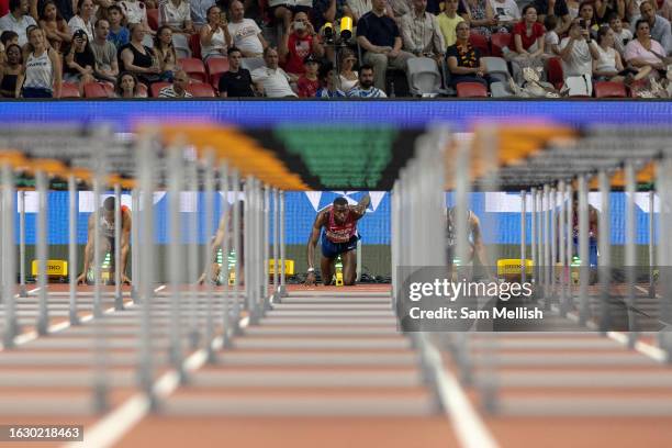 Grant Holloway of the United States at the start blocks of the men's 110m hurdles semifinal during day three of the World Athletics Championships...