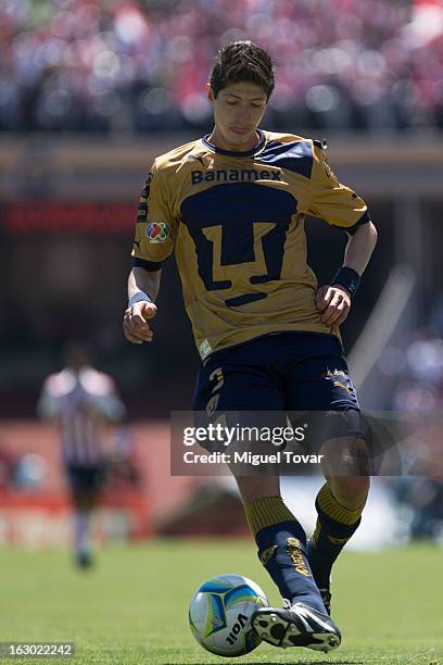 Marco Antonio Palacios of Pumas struggles for the ball during a match between Pumas and Chivas as part of Clausura 2013 Liga MX at Olympic Stadium on...