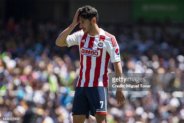 Rafael Marquez of Chivas reacts during a match between Pumas and Chivas as part of Clausura 2013 Liga MX at Olympic Stadium on March 03, 2013 in...
