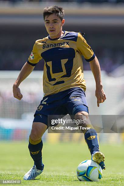 Efrain Velarde of Pumas controls the ball during a match between Pumas and Chivas as part of Clausura 2013 Liga MX at Olympic Stadium on March 03,...