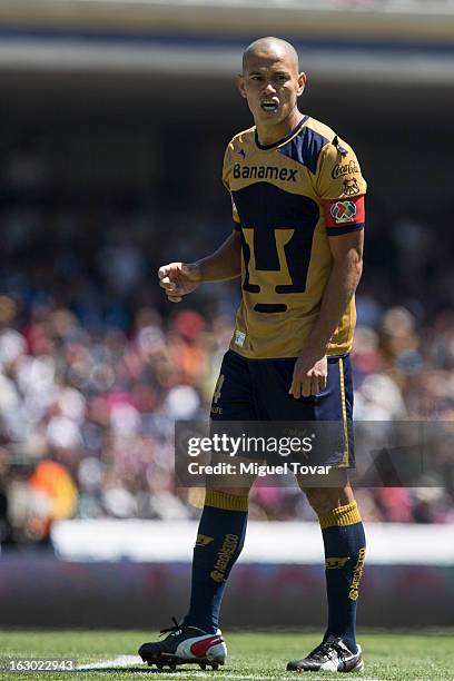 Dario Veron of Pumas reacts during a match between Pumas and Chivas as part of Clausura 2013 Liga MX at Olympic Stadium on March 03, 2013 in Mexico...