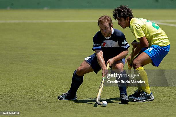 Sebastian Kapsch of Chile in action during a match between Brazil and Chile as part of the Hockey World League - Round 2 at Complexo Esportivo de...