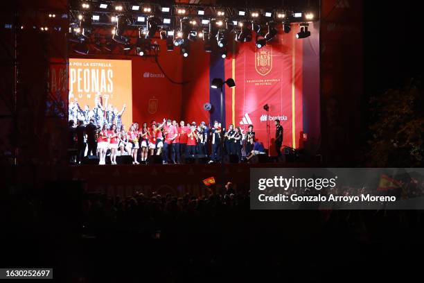 Players of Spain celebrates during the victory parade for the Spain women's football team after they won the FIFA Women's World Cup 2023 yesterday in...