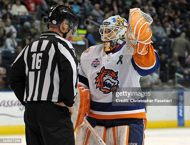 Kenny Reiter of the Bridgeport Sound Tigers talks with the linesman during an American Hockey League game against the Connecticut Whale on March 3,...