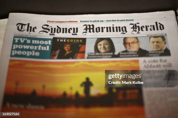 The Sydney Morning Herald's first compact edition front page is seen on March 4, 2013 in Sydney, Australia. The Sydney Morning Herald and The...