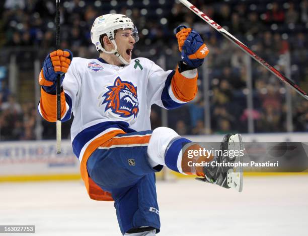 Scott Campbell of the Bridgeport Sound Tigers reacts after scoring the game tying goal during an American Hockey League game against the Connecticut...