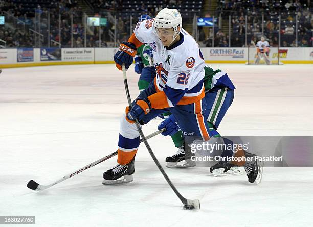 Nino Niederreiter of the Bridgeport Sound Tigers takes a shot on goal during an American Hockey League game against the Connecticut Whale on March 3,...