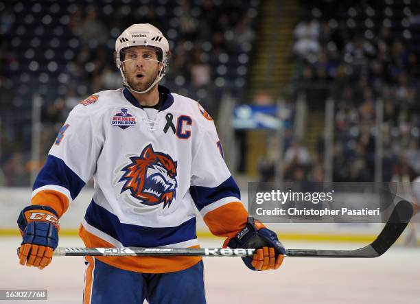 Matt Watkins of the Bridgeport Sound Tigers looks on as he waits for a face off an American Hockey League game against the Connecticut Whale on March...