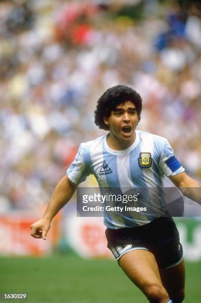 Diego Maradona of Argentina in action during the World Cup semi-final against Belgium at the Azteca Stadium in Mexico City. Argentina won the match...