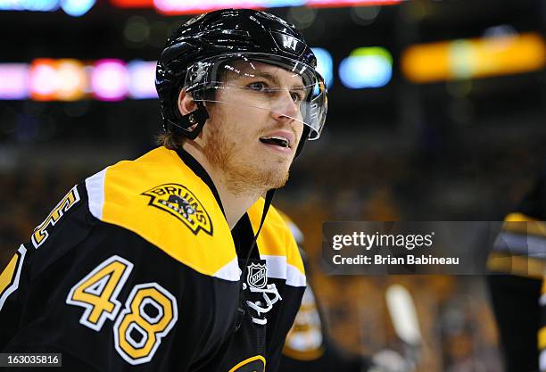 Chris Bourque of the Boston Bruins during warm ups prior to the game against the Ottawa Senators at the TD Garden on February 28, 2013 in Boston,...