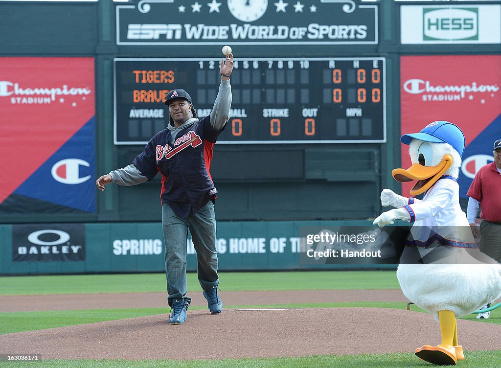 Jarvis Jones Throws Out The First Pitch With Donald Duck