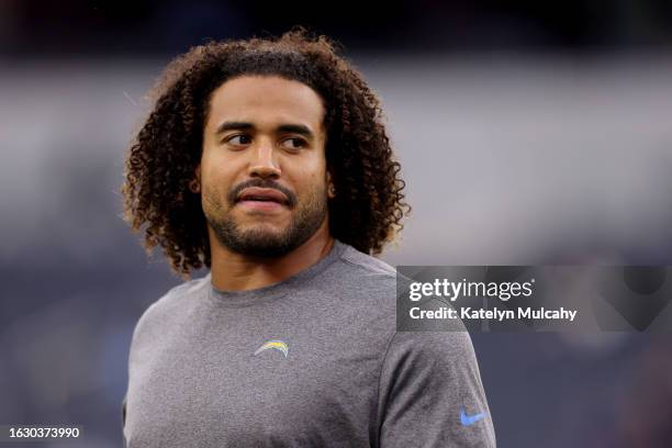 Eric Kendricks of the Los Angeles Chargers looks on prior to the preseason game against the New Orleans Saints at SoFi Stadium on August 20, 2023 in...