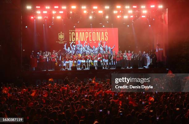 Players of Spain celebrates during the victory party for the Spain women's football team after they won the FIFA Women's World Cup 2023 yesterday in...