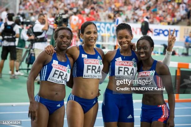 European Championships In Athletics In Barcelona 2010. Relais 4X100 mètres femmes. L'équipe française, de g. À dr. : Véronique MANG, Christine ARRON,...