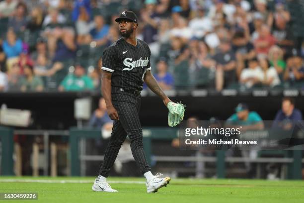 Touki Toussaint of the Chicago White Sox reacts after retiring the side during the first inning against the Seattle Mariners at Guaranteed Rate Field...