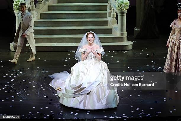 Actress Laura Osnes on stage at the "Cinderella" Broadway Opening Night curtain call at Broadway Theatre on March 3, 2013 in New York City.