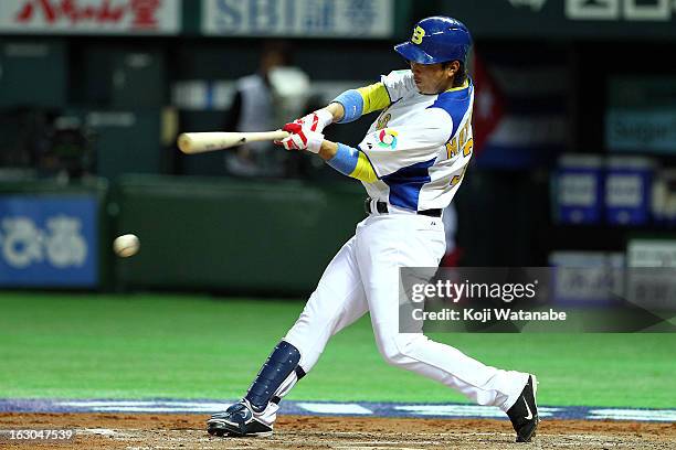 Infielder Daniel Matsumoto of Brazil at bat during the World Baseball Classic First Round Group A game between Brazil and Cuba at Fukuoka Yahoo!...